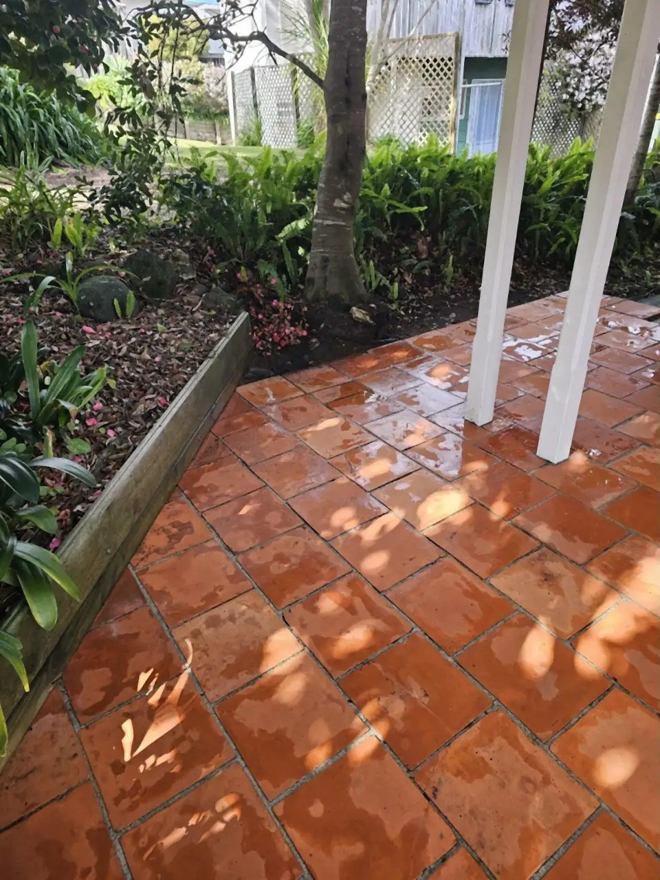 After: The same pavers washed back to an even terracotta